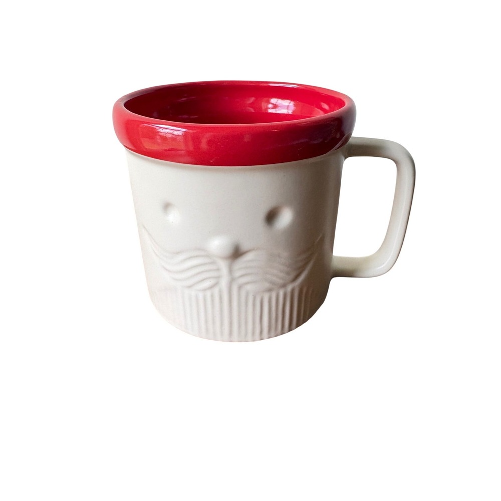 Crate‎ & Barrel Santa Mug Red White Embossed Beard Mustache Christmas Holiday